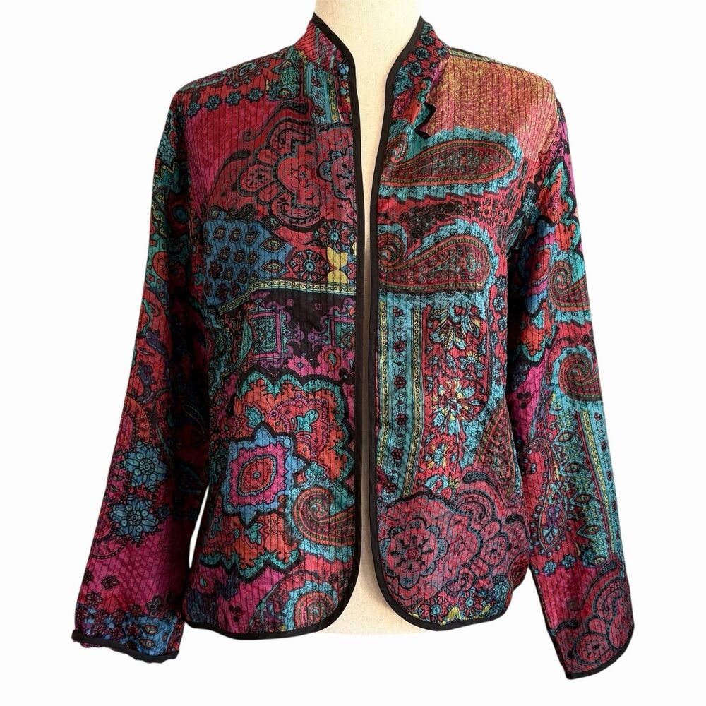Chicos 100% Silk Quilted Kimono Jacket M 1 Asian Inspired Open Jacket Statement
